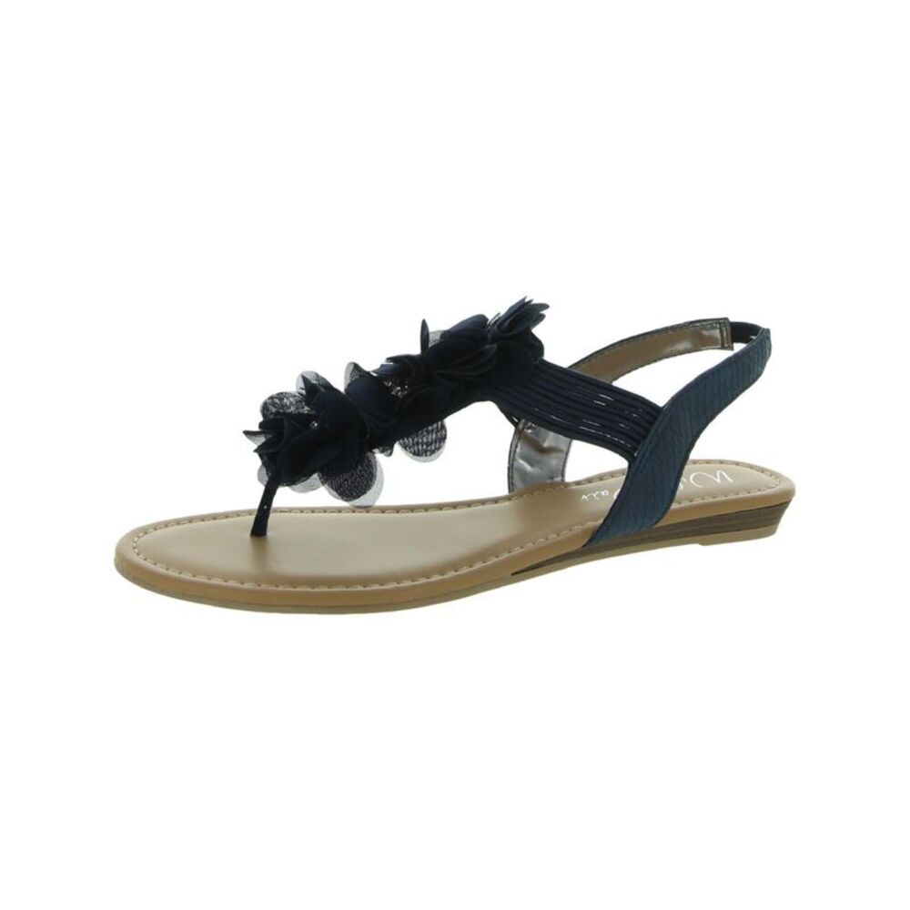 WILD PAIR Womens Navy Stretch Sari Round Toe Wedge Slip On Thong Sandals 6.5 M